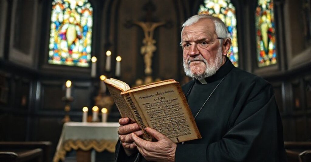 Stary sedewakantysta kapłan trzymający książkę w tradycyjnej kościelnej kaplicy z ołtarzem i krzyżem