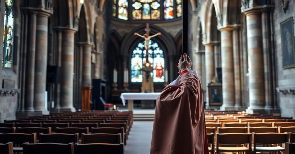 Kleryk sedewakantystowski w tradycyjnych szatach liturgicznych stoi przed starym ołtarzem kamiennym, trzymając krzyż. Na tle widoczny jest wnętrze średniowiecznego kościoła z witrażami.