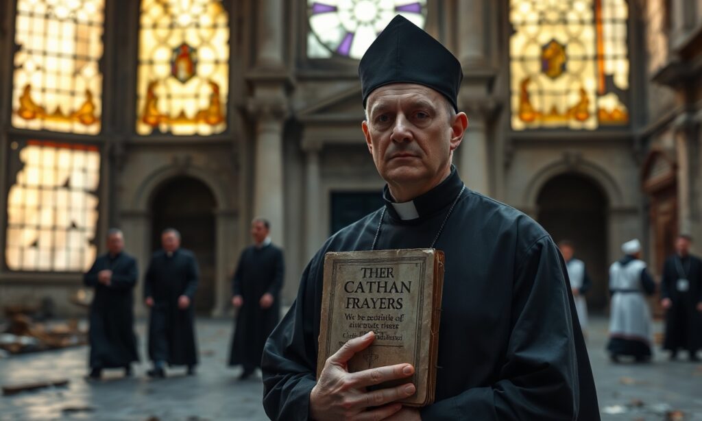 Sedevacantystyczny ksiądz w tradycyjnym stroju w obliczu ruin Watykanu