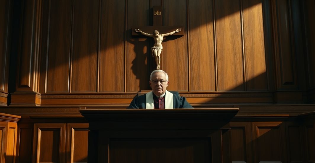 Sędzia katolicki w tradycyjnej sukni w sali sądowej, symbolizujący powagę moralnego kryzysu i odrzucenie nowoczesnych ideologii w sądownictwie