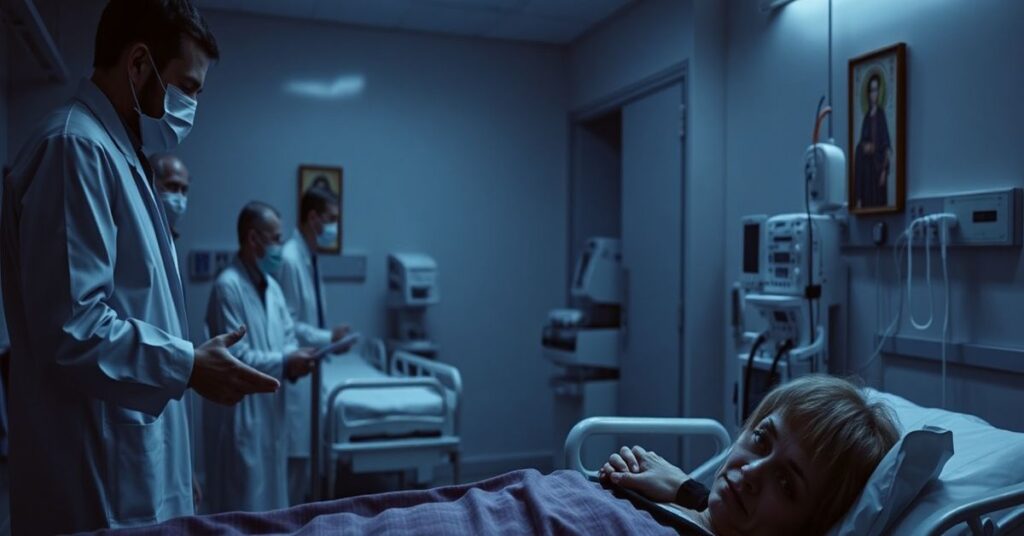 Scena w szpitalu z kapłanem sedewakantystą udzielającym sakramentu namaszczenia chorym, podczas gdy zespół medyczny skupia się na maseczkach i szczepieniach. Tło przedstawia kontrast między tradycyjną ikonografią katolicką a nowoczesnym sprzętem medycznym.