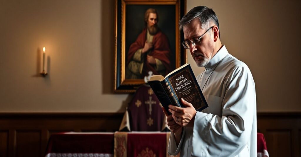 Kleryk sedewakantystowski w tradycyjnym stroju stoi w ciemnym kościele przed prostym ołtarzem z księgą św. Tomasza z Akwinu