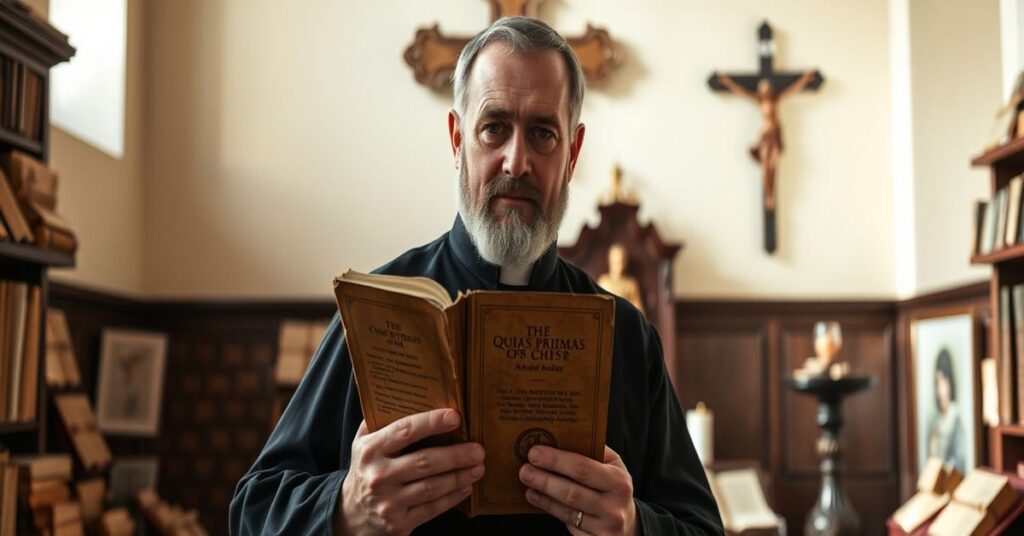 Tradycyjny katolicki kapłan sedewakantysta w klasztorze benedyktynów z książką Quas Primas papieża Piusa XI