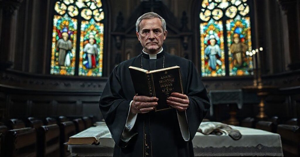Tradycyjny kapłan sedewakantysty trzyma stary tekst Wulgaty w kaplicy z witrażami przedstawiającymi sceny ze Starego Testamentu.