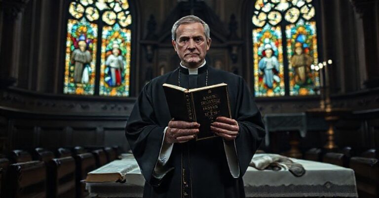 Tradycyjny kapłan sedewakantysty trzyma stary tekst Wulgaty w kaplicy z witrażami przedstawiającymi sceny ze Starego Testamentu.