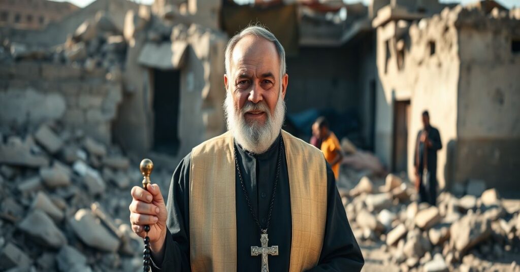 Portret sedewakantystowskiego księdza w libańskiej wiosce po wojnie, otoczonego przez chorych chrześcijan