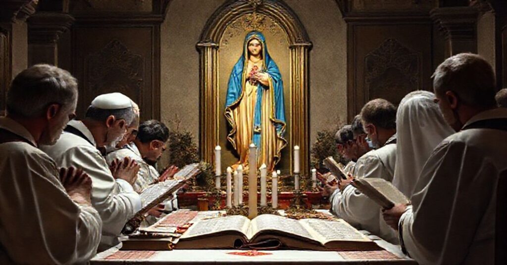 Tradycyjna katolicka scena przedstawiająca teologiczny kryzys wokół dokumentu 'Mater Populi fidelis' podpisanego przez kard. Victora Manuela Fernándeza i zatwierdzonego przez uzurpatora Leona XIV. Siedewakanciści modlą się przed tradycyjnym obrazem Matki Bożej.