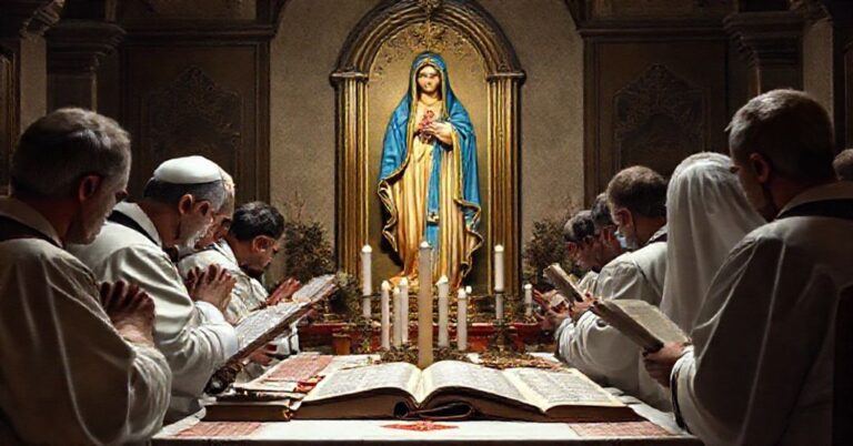 Tradycyjna katolicka scena przedstawiająca teologiczny kryzys wokół dokumentu 'Mater Populi fidelis' podpisanego przez kard. Victora Manuela Fernándeza i zatwierdzonego przez uzurpatora Leona XIV. Siedewakanciści modlą się przed tradycyjnym obrazem Matki Bożej.