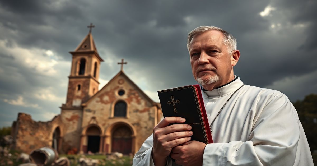 Sedevacantystyczny ksiądz w tradycyjnym ornatcie trzyma mszał przed zniszczonym kościołem