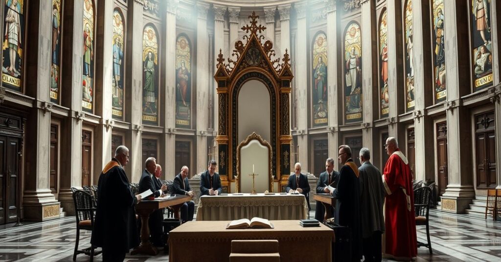 Pusty tron w bazylice św. Piotra symbolizujący sedewakantyzm i teologowie moderniści dyskutujący w tle.