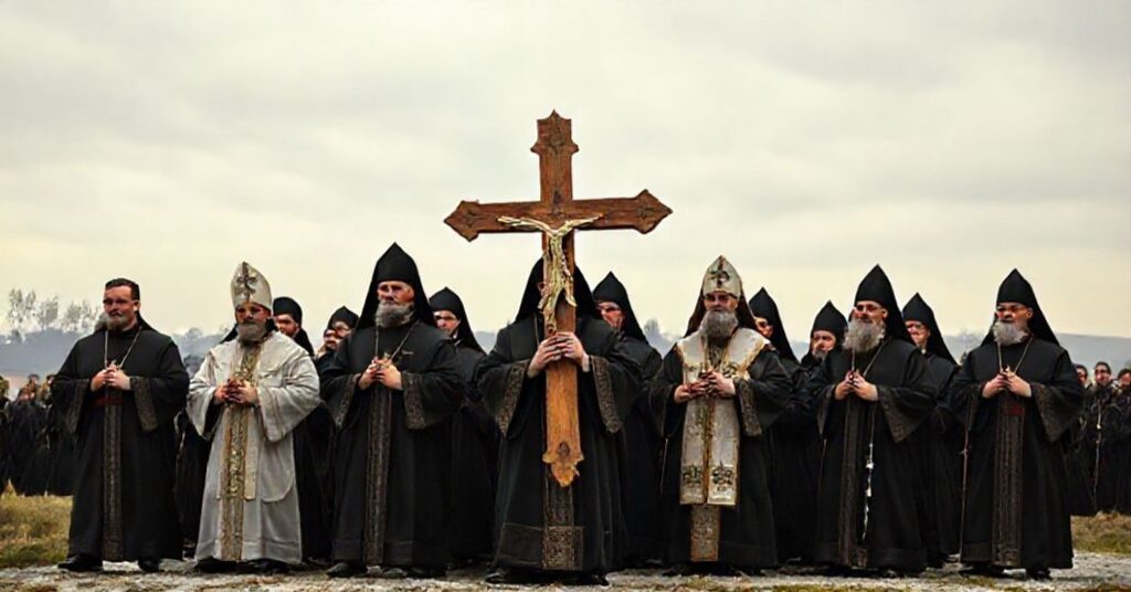 Grupa sedewakantystów w liturgicznych szatach trzymająca procesję z dużym krzyżem na tle zniszczonej polskiej wsi symbolizującej ofiary ukraińskich nacjonalistów