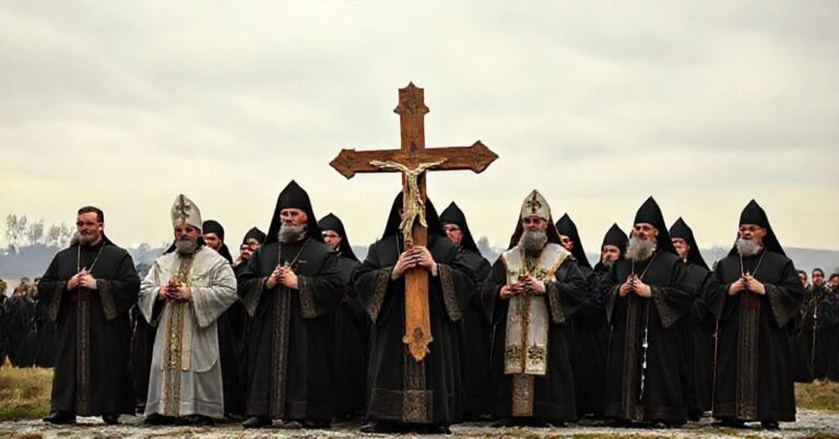Grupa sedewakantystów w liturgicznych szatach trzymająca procesję z dużym krzyżem na tle zniszczonej polskiej wsi symbolizującej ofiary ukraińskich nacjonalistów