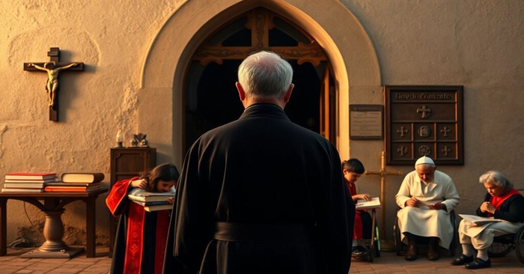 Biskup Artur Ważny przed tradycyjnym kościołem katolickim z siostrami dominikanek i dziećmi niepełnosprawnymi na tle