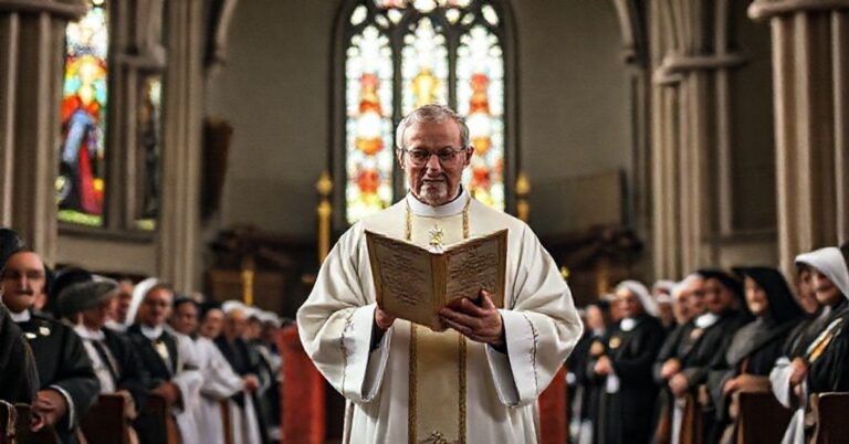 Tradycyjny ksiądz w szatach liturgicznych stoi przed ołtarzem z mszalami trydenckimi na tle wiernych w tradycyjnych strojach.
