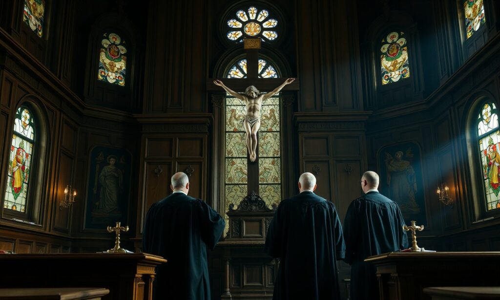 Solemne sceny w tradycyjnym katolickim sądzie, gdzie czterech sędziów Trybunału Konstytucyjnego składa przysięgę urzędową przed krucyfiksem.