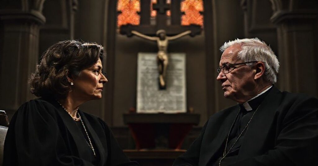 Portret Sędzi Barrett i Biskupa Barrona w katedrze, dyskutujących z nieuprzejmym podejściem do życia nienarodzonych
