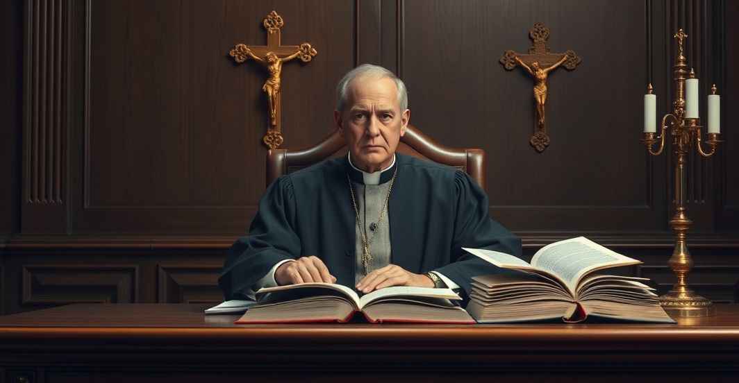 Sędzia katolicki i kryzys moralny prawa w duchu tradycyjnym Sędzia katolicki w tradycyjnym stroju, przy stole z krucyfiksem i księgami prawa, symbolizujący krytykę odchylenia od moralności w systemie prawnym