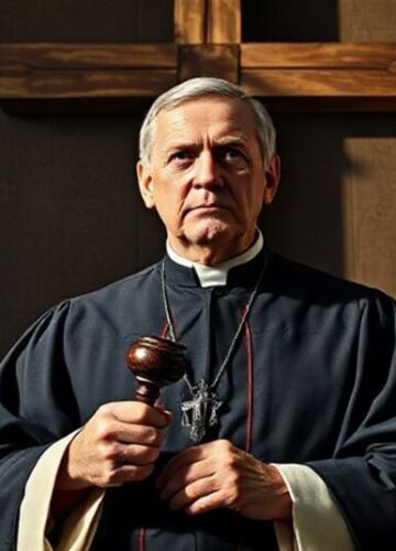 Katolicki sędzia wobec rewolucji laickiej Solemne portret tradycyjnego katolickiego sędziego w toge, trzymającego młotek sądowy przed drewnowym krzyżem w ciemnej sali sądowej. Jego twarz wyraża powagę i determinację.