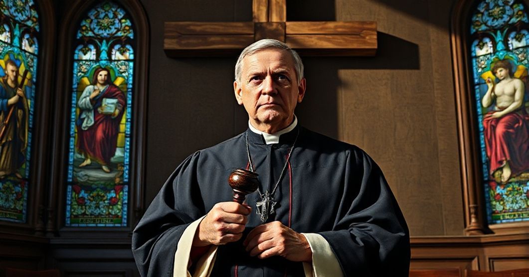 Solemne portret tradycyjnego katolickiego sędziego w toge, trzymającego młotek sądowy przed drewnowym krzyżem w ciemnej sali sądowej. Jego twarz wyraża powagę i determinację.