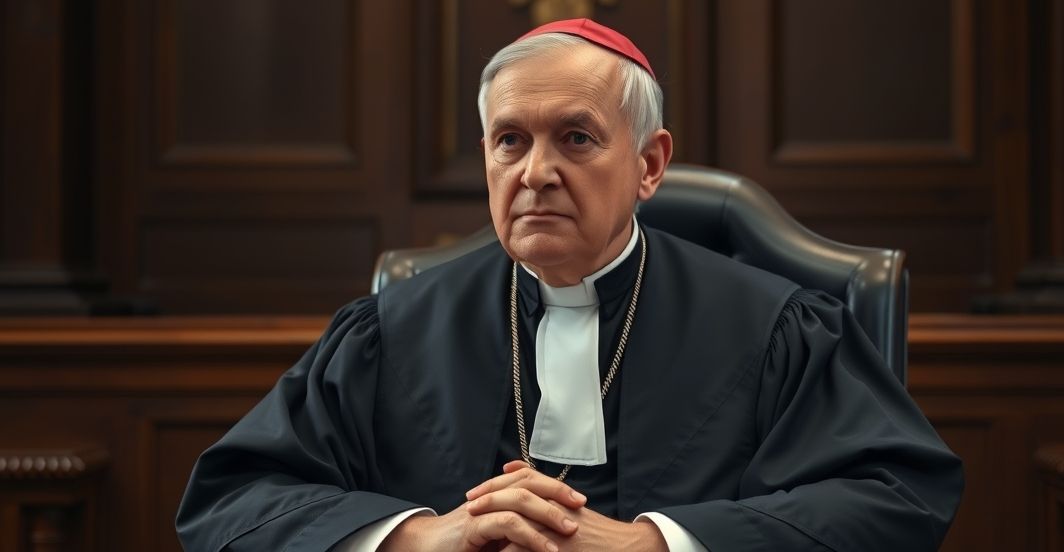 Prawosławny sędzia katolicki w tradycyjnym stroju sądowym, w poważnej, refleksyjnej pozie, symbolizujący moralność i wierność naukom Kościoła w kontekście prawnego orzekania