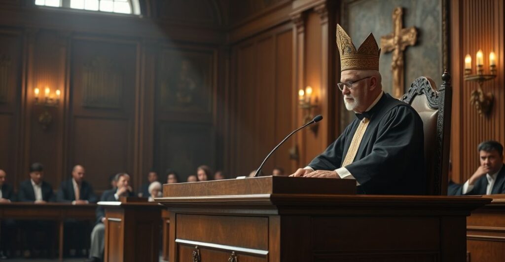 Sędzia w sali sądowej rozpatrujący sprawę dotyczącą autonomii religijnej, ukazując powagę i krytykę sekularyzmu wobec katolickiej prawdy