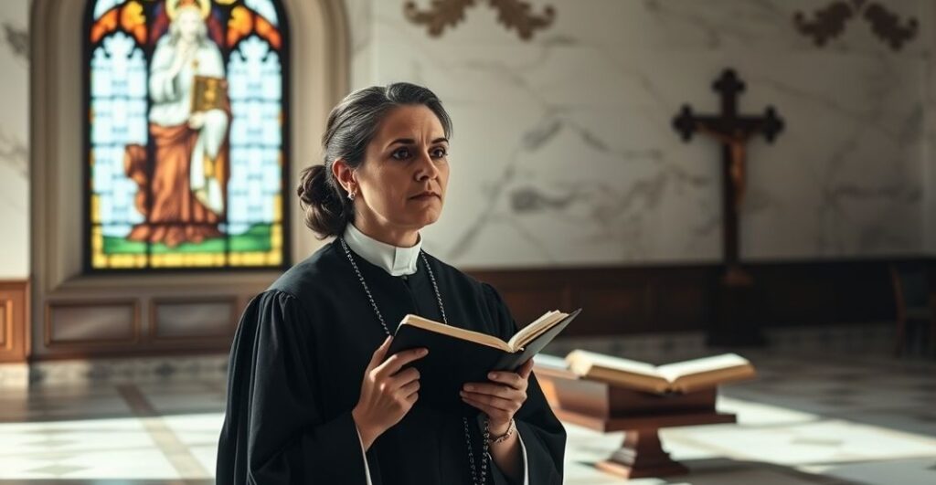 Solemny katolicki sędzia w tradycyjnych szatach stoi przed marmurowym sądem z zamkniętą Biblią, jej twarz poważna patrzy w daleką okno z witrażem przedstawiającym Chrystusa Króla. Delikatne, naturalne światło oświetla jej twarz, podkreślając jej determinację, gdy cichym modlitwą odprawia różaniec. W tle, słabo widocien cień krzyża rzucany na ścianie, symbolizujący jej wewnętrzną walkę między ziemskimi obowiązkami a boskim prawem. Scena uchwycenia napięcia między sumieniem religijnym a kompromisem prawnym w współczesnym społeczeństwie świeckim, ujęta w ramach nieśmiertelnej władzy tradycji katolickiej.