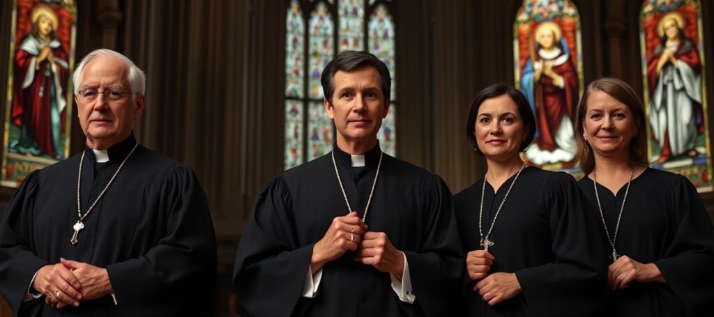 Portret sędziów Sądu Najwyższego USA: Clarence'a Thomasa, Brett Kavanaugha i Amy Coney Barrett w katolickich szatach liturgicznych przed witrażami z scenami męczeństwa i sprawiedliwości