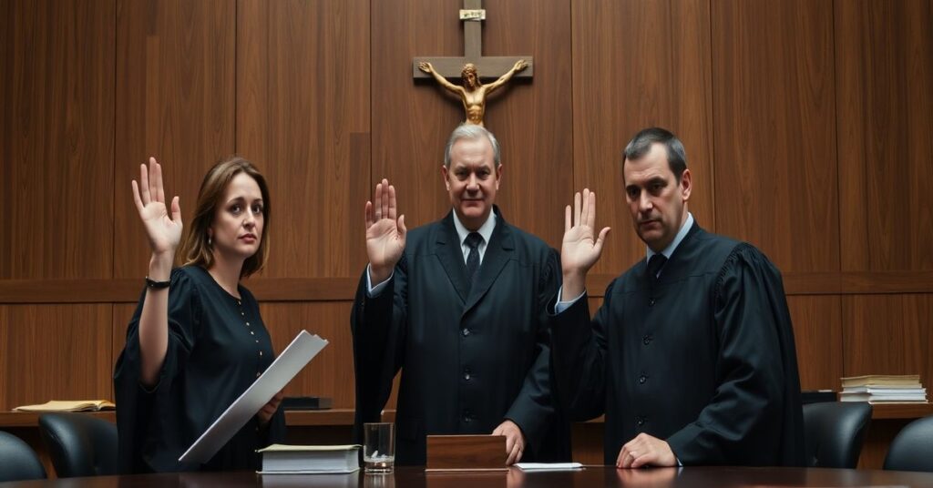 Sędziowie Magdalena Bentkowska i Dariusz Szostek składają przysięgę przed prezydentem Karolem Nawrockim w sądzie bez widocznych symboli religijnych.