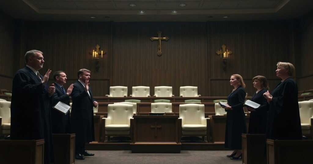 Sądzie Trybunału Konstytucyjnego składający przysięgę przed pustymi fotelami prezydenta w Sejmie