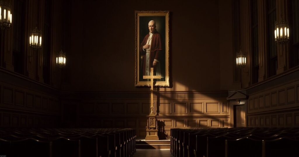 Wnętrze Sejmu w tradycyjnym katolickim stylu z pustymi ławkami i krzyżem na ścianie