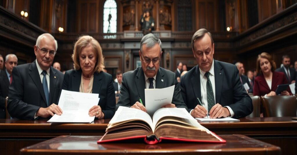 Zdjęcie przedstawiające sejmik polski po uchwaleniu ustawy SAFE. Na pierwszym planie znajdują się politycy takie jak Kosiniac-Kamysz, Błaszczak i Domański w trakcie głosowania. W tle widoczna jest tradycyjna katolicka architektura kościelna, kontrastująca z ich świeckim podejściem. Otwarta Biblia leży nieopodal dokumentów.