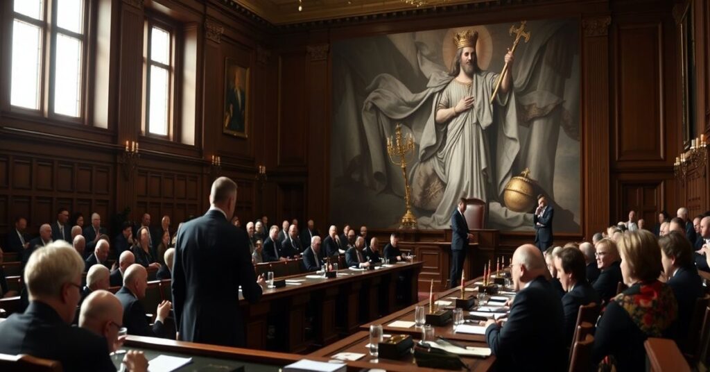 Zdjęcie przedstawiające spór w Sejmie między członkami PiS i Koalicji Obywatelskiej na tle moralnego upadku państwa bez Boga.