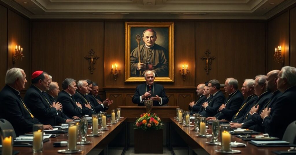 Zebranie sekciarskich przywódców w siedzibie KEP z "abp" Adrianem Galbasem i "bp" Markiem Marczakiem pod wielkim portretem Wojtyły.