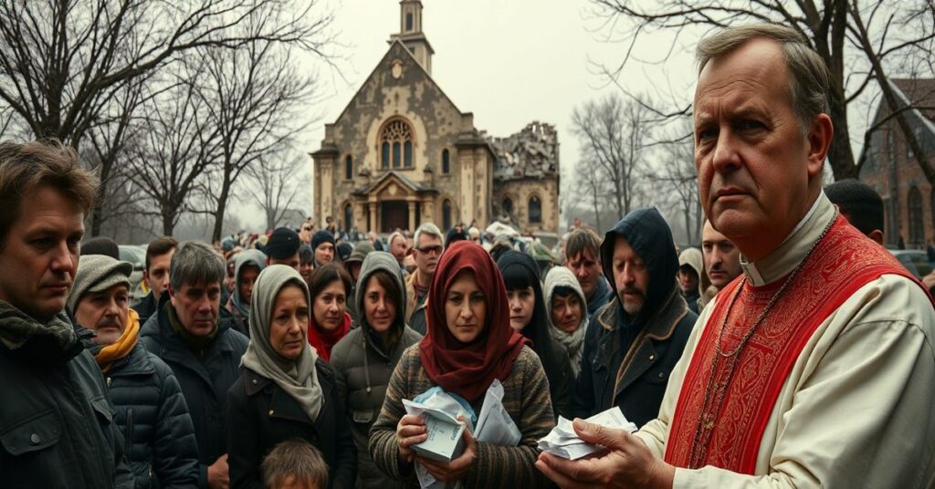 Obrązek z uroczyścia 20-lecia Sekcji Polskiej Pomocy Kościołowi w Potrzebie. Na zdjęciu widać rozbite kościoł w tle oraz grupę ludzi w krajobrazie dotkniętym wojną. Księdz Jan Żelazny rozdaje pomoc materialną, ale bez akcentu na ewangelizację.