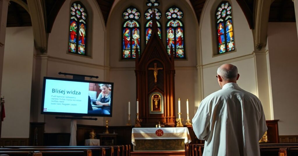 Wnętrze katolickiego kościoła z tradycyjnym ołtarzem i witrażem przedstawiającym kontrast między cyfrowym ekranem wyświetlającym sekularyzowane projekty kulturalne a księdzem w tradycyjnym ornaty modlącego się przed tabernakulum.