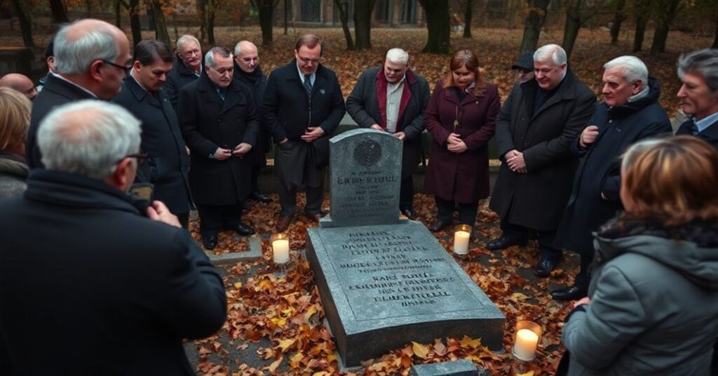 Scena z grobowca biskupa Łukasza Ostoi Soleckiego w Przemyślu, przedstawiająca zebranie świeckich osób podczas akcji zbiórki pieniędzy. Atmosfera jest smutna i pozbawiona duchowości.