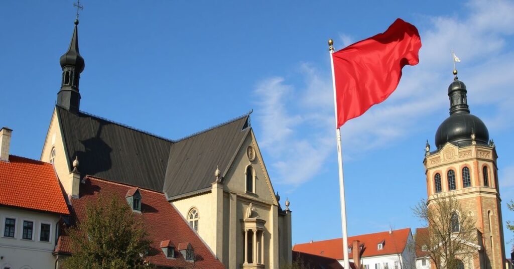 Stary kościół katolicki z ołtarzem Chrystusa Króla i mapą Bliskiego Wschodu symbolizujący sekularyzację polityki.
