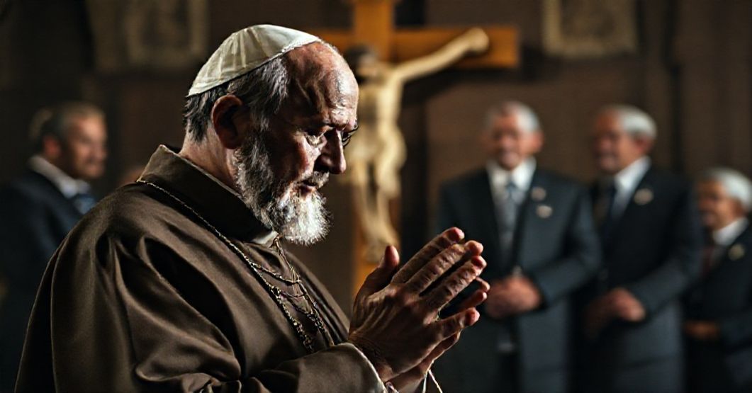 Solemne przedstawienie św. Franciszka z Asyżu w modlitwie przed krzyżem w tradycyjnych szatach katolickich. Na tle widać polityczni liderzy, co symbolizuje sekularyzację dziedzictwa świętego.