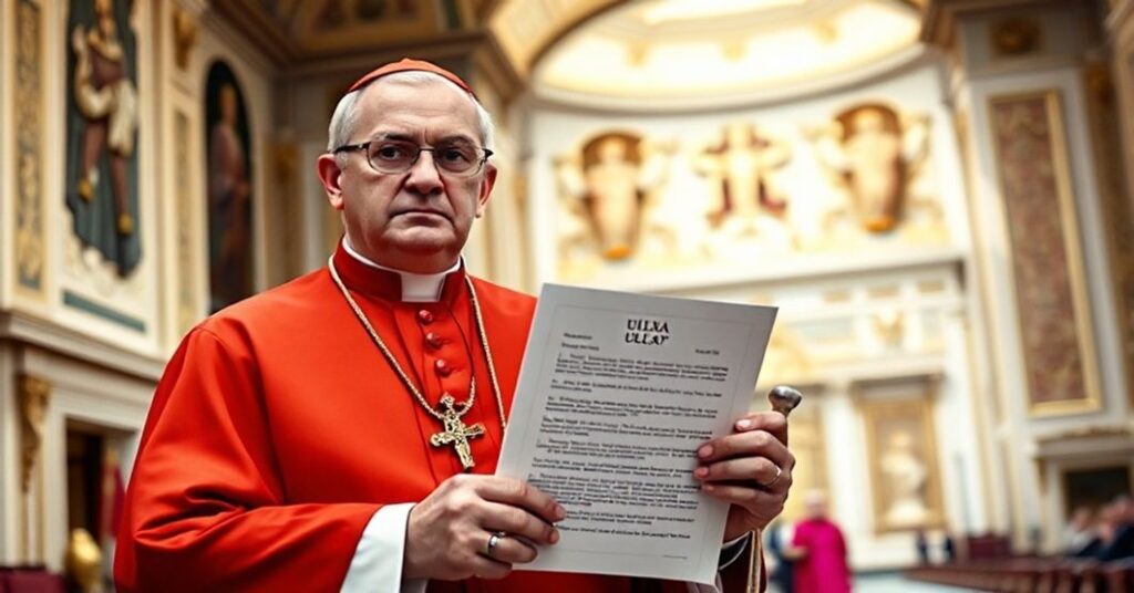 Kardynał w tradycyjnym stroju kościelnym trzyma dokument nowego statutu ULSA w Watykanie.