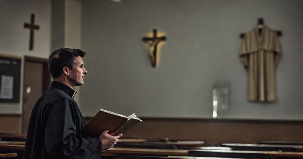 Scena smutna w seminarium w Charlotte: kleryk ubrany w cywilne ubrania uczy w szkole katolickiej pod rządami fałszywego biskupa Michaela Martina.