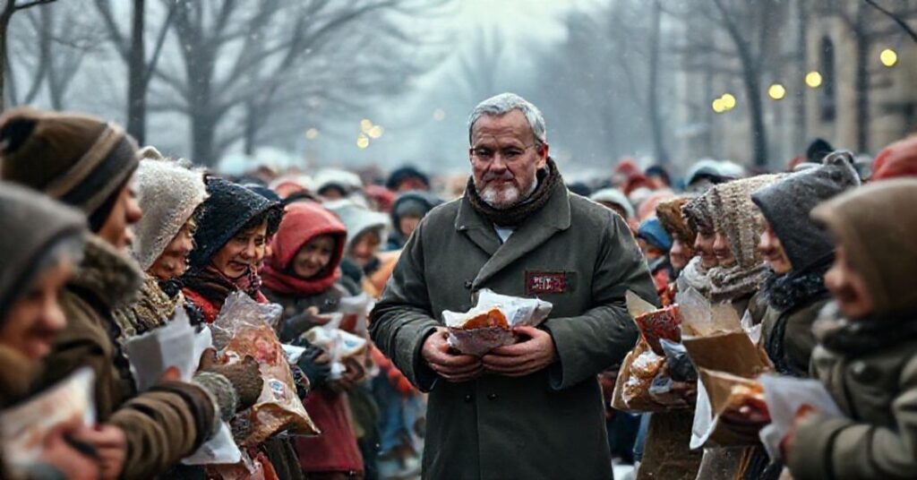 Obraz przedstawiający sekularyzowaną 'Wigilię Miłosierdzia' w Lublinie organizowaną przez Caritas Archidiecezji Lubelskiej. Brak elementów religijnych.