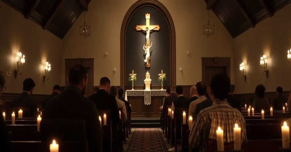 Seminarianie modlący się w tradycyjnej kaplicy seminaryjnej przed ołtarzem z krzyżem, w tle rozmyta widok boiska do koszykłki.