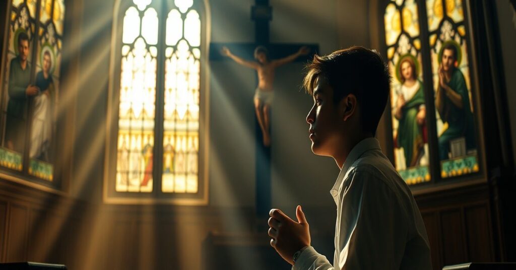 Młody seminarian modlący się przed krucyfiksem w tradycyjnym kościele gotyckim.