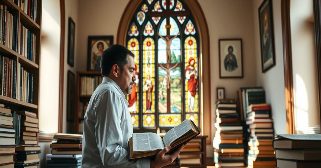 Seminarian modli się przy biblii w tradycyjnym katolickim otoczeniu
