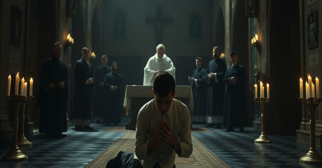 Seminarian modli się w starej kościelnej świątyni podczas procesji duchownych. Scena oddaje duchową kryzys oraz kontrast między czystością młodego kapłana a moralnym upadkiem biskupa.