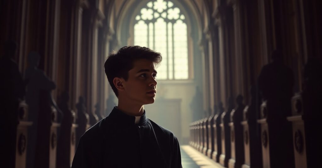 Młody seminarian w katolicyznie opierający się nadużyciom seksualnym przez ks. Rosicę