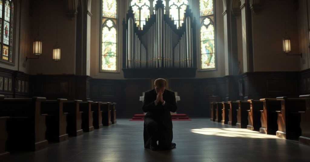 Pusty kościół katolicki z organami w tle i modlącym się seminarianem