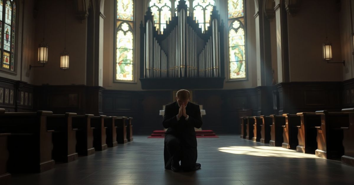Pusty kościół katolicki z organami w tle i modlącym się seminarianem