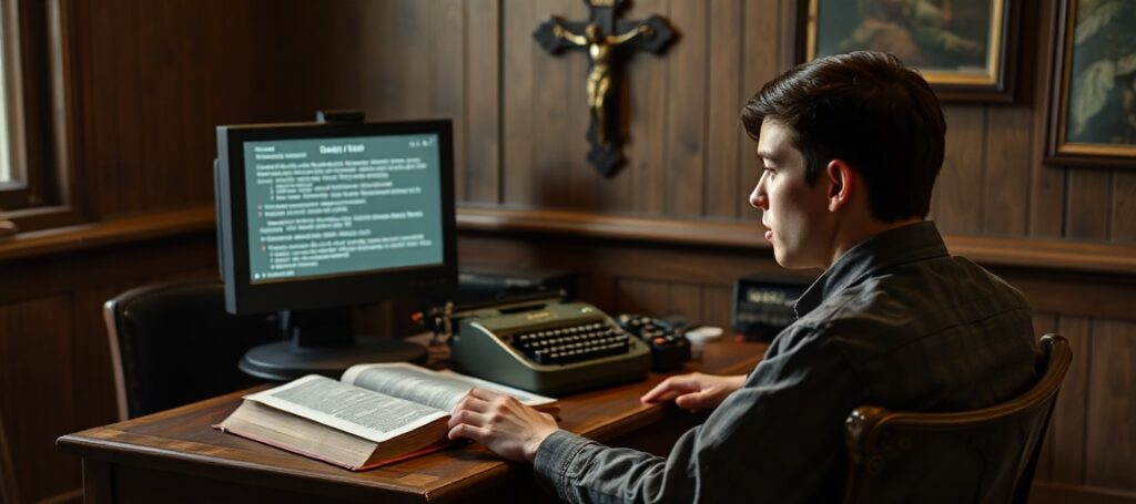 Młody seminarian w tradycyjnym pomieszczeniu studiów katolickich z komputerem pokazującym tekst AI
