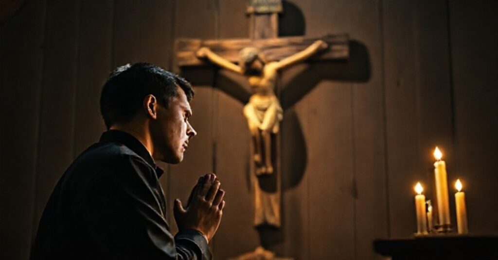 Pocieszony seminarianz modli się przed krzyżem w tradycyjnym kościele katolickim